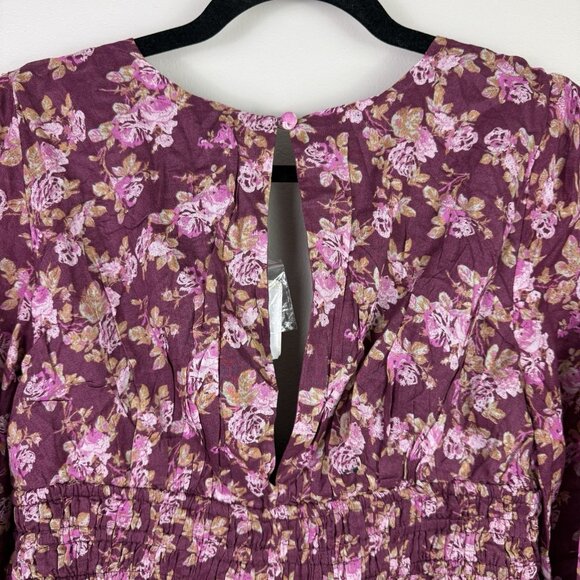 Free People Mini Dress Floral Long Sleeve Purple Boho Smocked Size Small NWT - Picture 10 of 10
